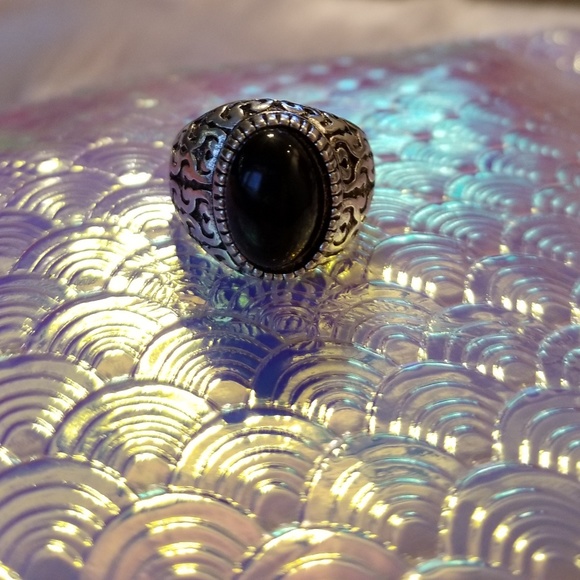 💎 Black onyx glass stone metal ring - Picture 2 of 5